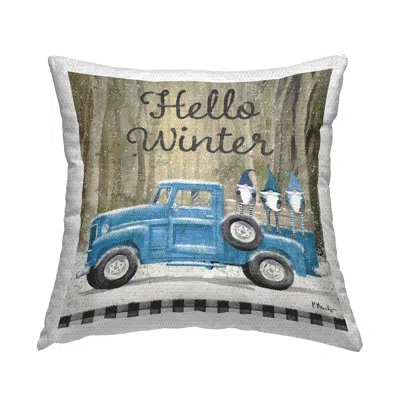 Stupell Industries Hello Winter Tartan Blue Gnomes Truck Outdoor Printed Pillow By Paul Brent In Blue;brown;white