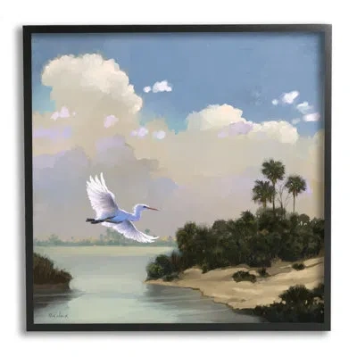 Stupell Industries Heron Flying Over Coastal Inlet Nature By Rick Novak - Floater Frame Graphic Art On Wood In Midnight Black Framed Giclee