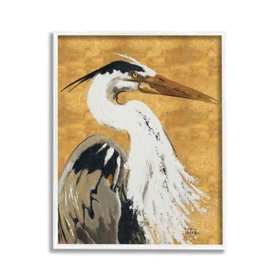 Stupell Industries Heron On Gold Pattern Framed Giclee Art By Patricia Pinto In Coastal White Framed Giclee
