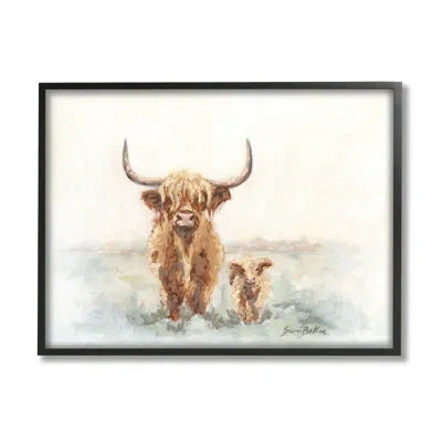 Stupell Industries Highland Cattle And Baby Calf Rural By Sara Baker - Floater Frame Painting On Wood In Midnight Black Framed Giclee