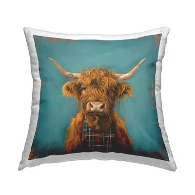 Stupell Industries Highland Cow On Blue Design By Lsr Design Studio Throw Pillow