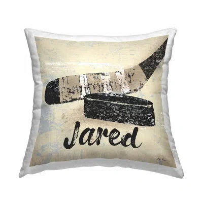 Stupell Industries Hockey Puck & Stick Personalized Printed Throw Pillow By Peter Horjus In Beige