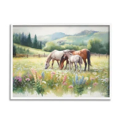 Stupell Industries Horses In Spring Meadow Framed On Wood By Ramona Murdock Print In Coastal White Framed Giclee