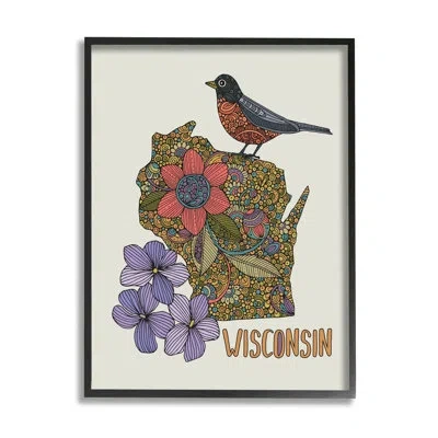 Stupell Industries Intricate Wisconsin Robin State Flower Pattern Design By Valentina Harper - Floater Frame Graphic Ar In Midnight Black Framed Giclee