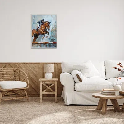 Stupell Industries Jockey Jumping Hurdle On Wood By Ziwei Li Painting In Farmhouse Gray Framed Giclee