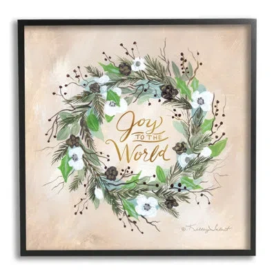 Stupell Industries Joy To The World Holiday Floral Wreath By Kelley Talent - Floater Frame Graphic Art On Wood In Midnight Black Framed Giclee