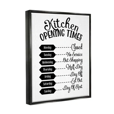 Stupell Industries Kitchen Opening Times Humorous Antique Text Style By Lettered And Lined - Floater Frame Print On Can In Jet Black Floater Frame