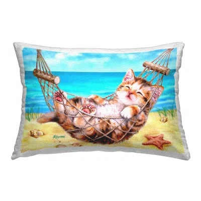 Stupell Industries Kitten & Beach Hammock Outdoor Printed Pillow By Kayomi Harai In Blue