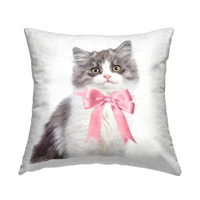 Stupell Industries Kitten With Pink Bow Outdoor Printed Pillow By Sisi And Seb In White