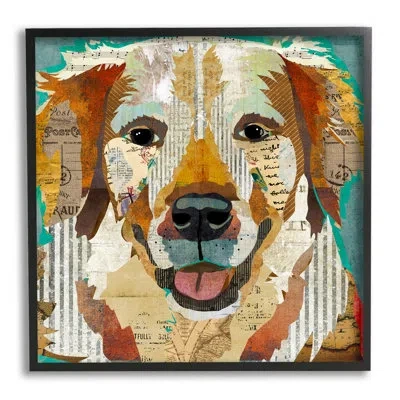 Stupell Industries Layered Dog Animal Ephemera Patchwork By Traci Anderson - Floater Frame Graphic Art On Wood In Midnight Black Framed Giclee