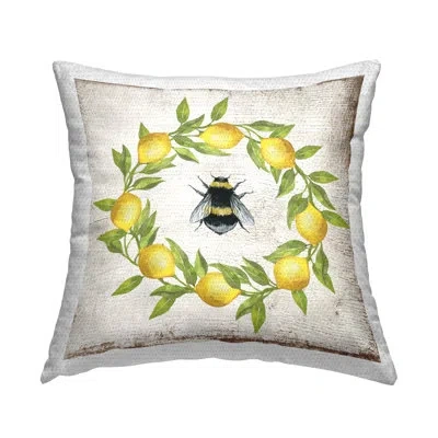 Stupell Industries Lemon & Bee Wreath Design By Creatif Belle Outdoor Printed Pillow In Yellow