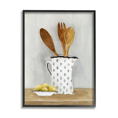 Stupell Industries Lemons & Utensils Kitchen Painting On Wood By Janet Tava Painting In Midnight Black Framed Giclee