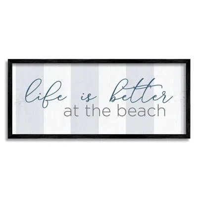 Stupell Industries Life Better At Beach Striped Nautical By Anna Quach - Floater Frame Textual Art On Canvas In Midnight Black Framed Giclee