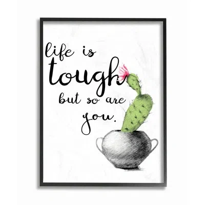 Stupell Industries Life Is Tough Cactus Illustration By Daphne Polselli - Picture Frame Textual Art Print In Midnight Black Framed Giclee