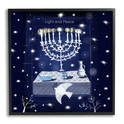 Stupell Industries Light & Peace Menorah Stars Framed On Wood By Susse Linton Graphic Art In Midnight Black Framed Giclee