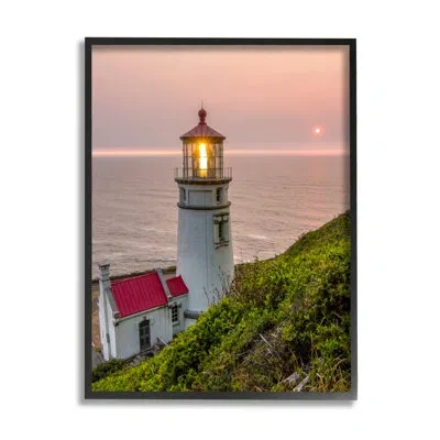 Stupell Industries Lighthouse At Sunset Framed On Wood By Jeff Poe Photograph In Midnight Black Framed Giclee