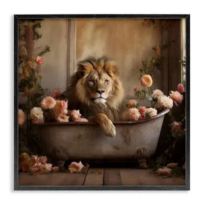 Stupell Industries Lion In Flower Filled Tub Single Picture Frame Print On Canvas In Midnight Black Framed Giclee