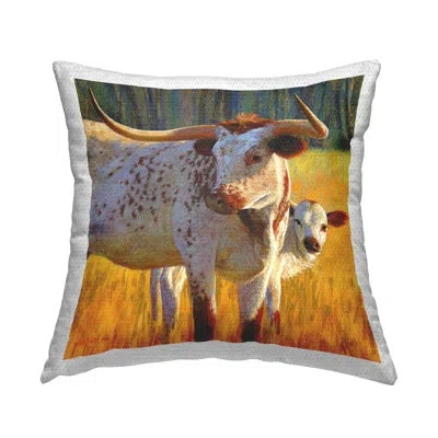 Stupell Industries Longhorn Cattle Calf Landscape Outdoor Printed Pillow By Rita Kirkman In Brown;white;yellow