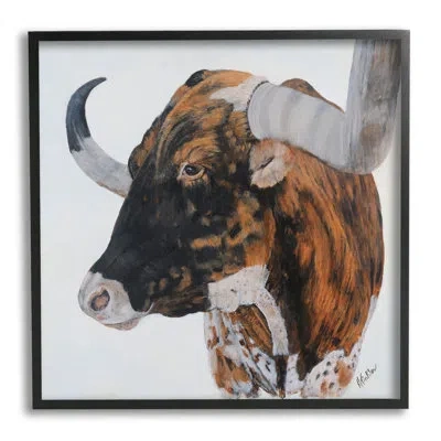 Stupell Industries Longhorn Cattle Farmhouse Portrait By Kathy Winkler - Floater Frame Painting On Wood In Midnight Black Framed Giclee