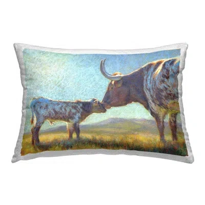 Stupell Industries Longhorn Cow & Baby Outdoor Printed Pillow By Rita Kirkman In Blue;brown;yellow