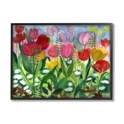 Stupell Industries Lush Varied Spring Tulips Blooming Flower Meadow - Floater Frame Painting On Canvas In Midnight Black Framed Giclee