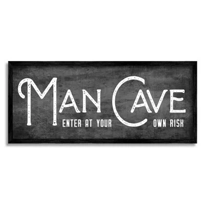 Stupell Industries Man Cave Humorous Vintage Entrance Sign - Picture Frame Textual Art On Canvas In Midnight Black Framed Giclee