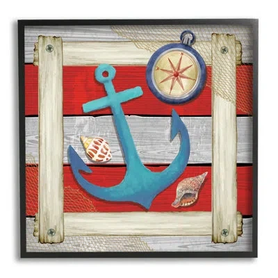 Stupell Industries Maritime Anchor Compass Stripes By Nd Art - Floater Frame Graphic Art On Wood In Midnight Black Framed Giclee