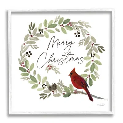 Stupell Industries Merry Christmas Cardinal By Kate Sherrill - Floater Frame Graphic Art On Wood In Coastal White Framed Giclee
