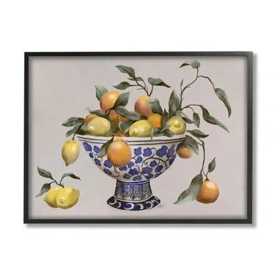 Stupell Industries Mixed Citrus Fruits Leaves Patterned Pottery Bowl In Midnight Black Framed Giclee