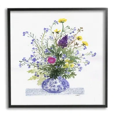 Stupell Industries Mixed Delicate Flowers Arrangement Cursive Words Pattern - Floater Frame Painting On Canvas In Midnight Black Framed Giclee
