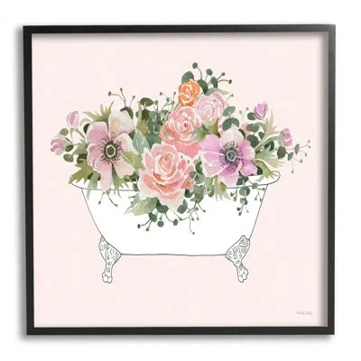 Stupell Industries Mixed Flower Arrangement Bathtub Planter Pink Blossoms By Cindy Jacobs - Floater Frame Graphic Art O In Midnight Black Framed Giclee