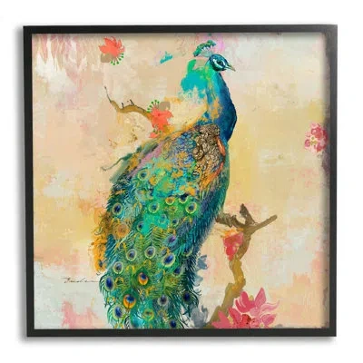 Stupell Industries Modern Peacock Cherry Blossoms By Evelia Designs - Floater Frame Graphic Art On Wood In Midnight Black Framed Giclee