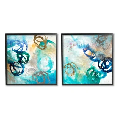 Stupell Industries Modern Shapes Overlay Marine Blue Tones By K. Nari - 2 Piece Floater Frame Painting Set On Canvas In Midnight Black Framed Giclee
