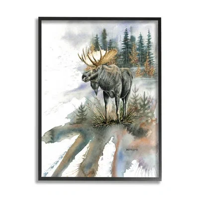 Stupell Industries Moose Distant Forest Arrangement Giclee Art By Dave Bartholet In Midnight Black Framed Giclee