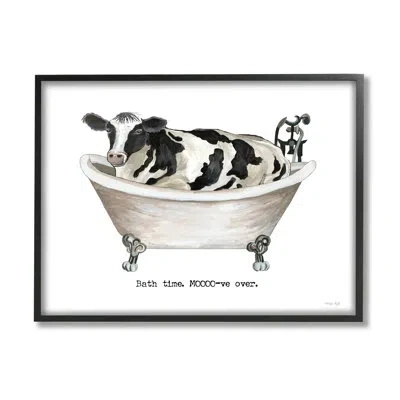 Stupell Industries Moo-ve Over Bath Time Cow Farmhouse Bathroom Sign - Floater Frame Graphic Art On Canvas In Midnight Black Framed Giclee