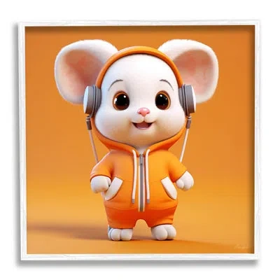 Stupell Industries Mouse With Headphones In Coastal White Framed Giclee