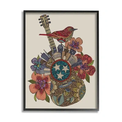 Stupell Industries Nashville Music City Detailed Floral Pattern Guitar By Valentina Harper - Picture Frame Graphic Art  In Midnight Black Framed Giclee