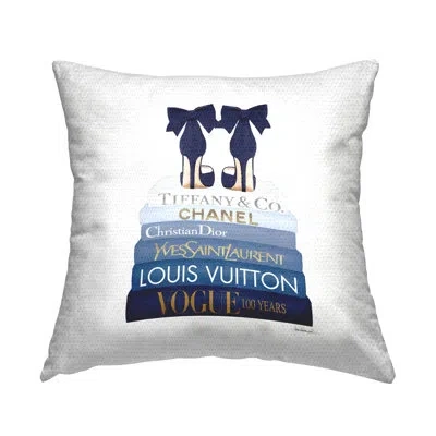 Stupell Industries Navy Blue Fashion Heels Glam Brand Bookstack Outdoor Printed Pillow By Amanda Greenwood In Beige