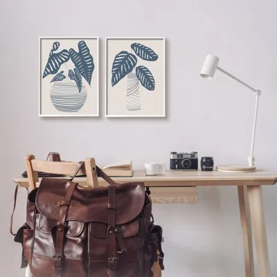Stupell Industries Neat Potted Plant Leaves Minimal Striped Vases By Daniela Santiago - 2 Piece Floater Frame Graphic A In Coastal White Framed Giclee