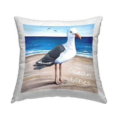 Stupell Industries Ocean Vibes Seagull Standing Vivid Beach Shore Outdoor Printed Pillow By Elizabeth Tyndall In Blue;brown