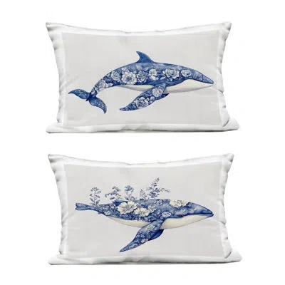 Stupell Industries Ornate & Detailed Large Cats 2 Piece Outdoor Printed Pillow Set, Design By Lettered And Lined In Blue Blooming Toile Pattern Whales