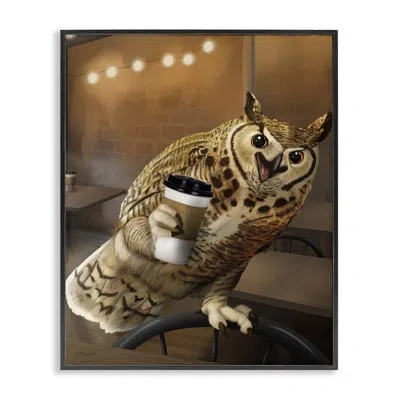 Stupell Industries Owl With Coffee Cup Giclee Art By Mehu Art In Midnight Black Framed Giclee