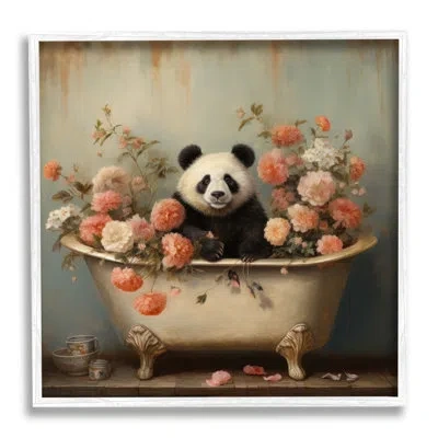 Stupell Industries Panda Bathtub & Blooms Single Picture Frame Print On Canvas In Coastal White Framed Giclee