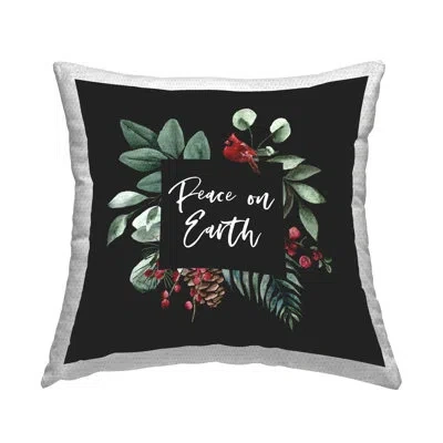 Stupell Industries Peace On Earth Cardinal Botanicals Outdoor Printed Pillow By Valerie Weiners In Black;white;green