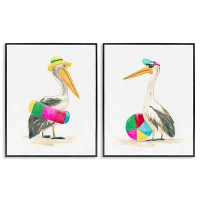 Stupell Industries Pelicans & Beach Floats - 2 Piece Single Picture Frame Print Set On Canvas In Midnight Black Framed Giclee