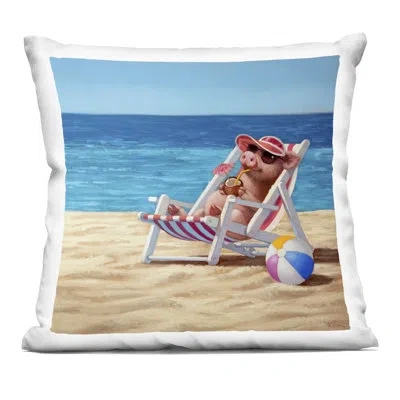 Stupell Industries Pig Unwinding On Summer Shore Decorative Printed Throw Pillow, Design By Lucia Heffernan In Blue