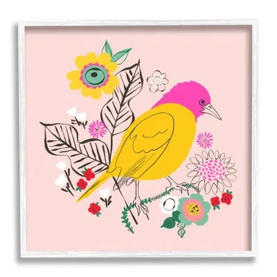 Stupell Industries Pink & Yellow Floral Bird - Single Picture Frame Print On Canvas In Coastal White Framed Giclee