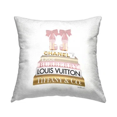 Stupell Industries Pink Gold Heels Bookstack Glam Fashion Design Outdoor Printed Pillow By Amanda Greenwood In Beige