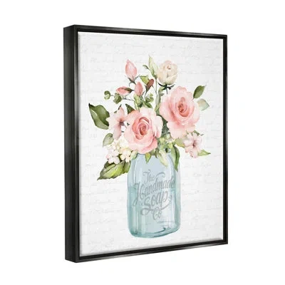 Stupell Industries Pink Rose Blooms Country Vase Patterned Script By Lettered And Lined - Floater Frame Print On Canvas In Jet Black Floater Frame