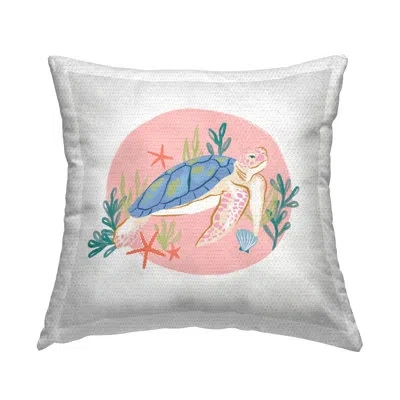 Stupell Industries Pink Swimming Sea Turtle Marine Ocean Botanicals Outdoor Printed Pillow By Deborah Curiel In Blue;white;pink